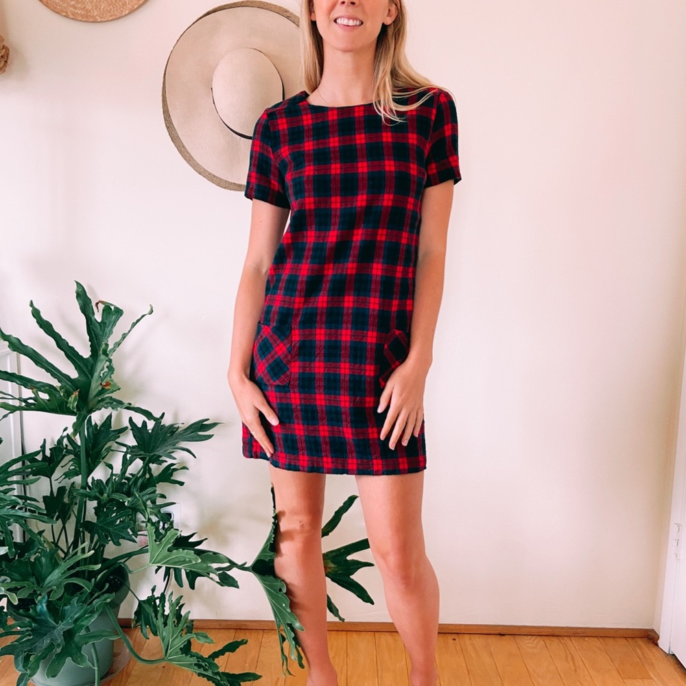 Red and blue flannel shirt dress